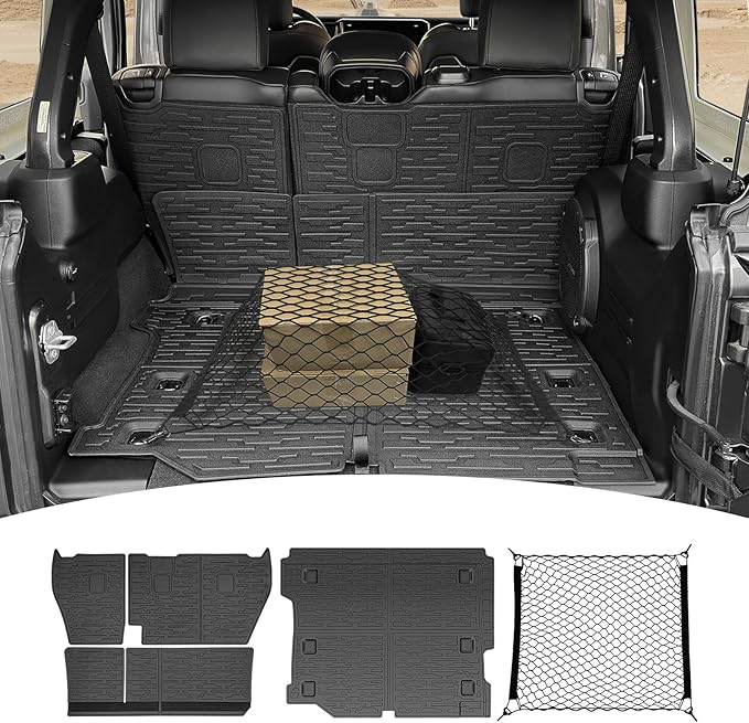 Cargo Mats with Net for 2018-2025 Jeep Wrangler JL Unlimited 4X4 Accessories All Weather Protection Rear Seat Back Cover Trunk Liner Cargo Net for 18-25 JL JLU Gas Type 4 Door(Not for 4XE)