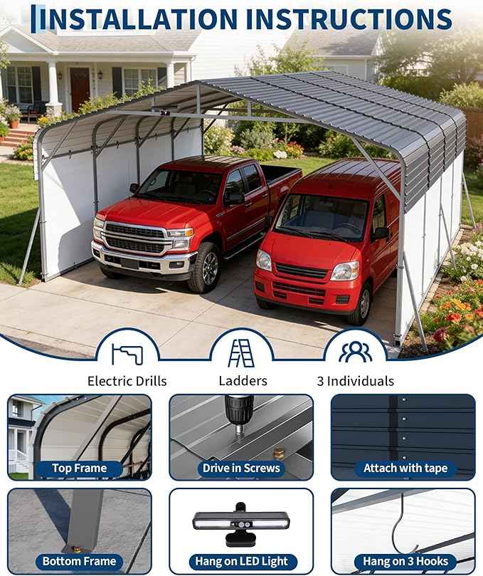 20x20FT Metal Carport Heavy-Duty Build with LED Light & Galvanized Steel Roof, Reinforced Stable Structure with Removable PE Sidewalls(White), Spacious Versatile Shelter for Cars, Boats, and Events