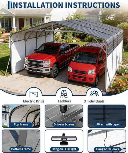 20x20FT Metal Carport Heavy-Duty Build with LED Light & Galvanized Steel Roof, Reinforced Stable Structure with Removable PE Sidewalls(White), Spacious Versatile Shelter for Cars, Boats, and Events