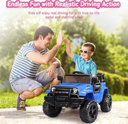 JOYMOR Ride on Truck with Remote Control, 4 Wheels 12V Battery Powered Kids Car, with LED Headlight/Horn Button/ MP3 Player/USB Port/Forward Backward/Kids Girl Boy (Blue)