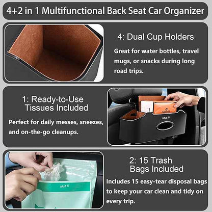 Mu&Ti Back Seat Car Organizer,4+2 in 1 Multifunctional Car Back Seat Storage Box with 2 Cup Holders, Tissue Box and Hook - Ideal for Kids and Travel(Black)