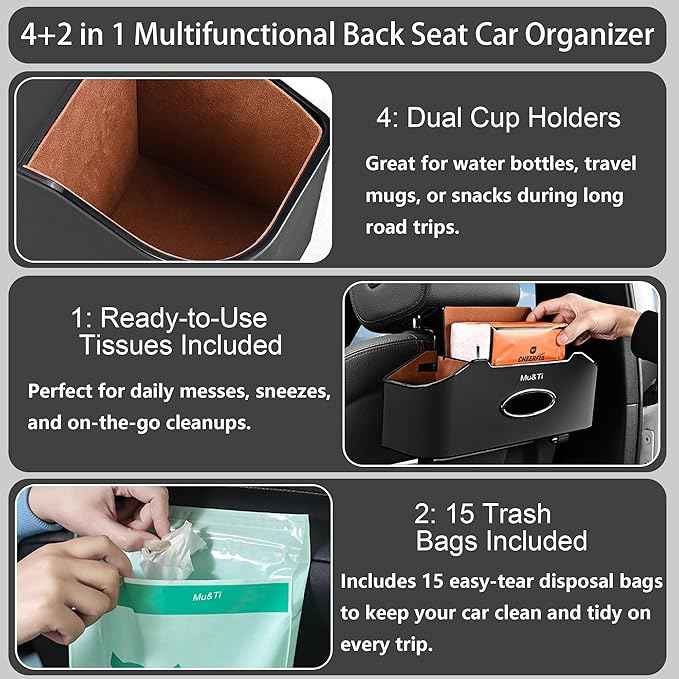 Mu&Ti Back Seat Car Organizer,4+2 in 1 Multifunctional Car Back Seat Storage Box with 2 Cup Holders, Tissue Box and Hook - Ideal for Kids and Travel(Beige)
