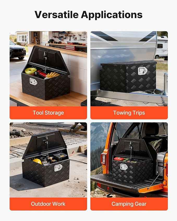 VEVOR Trailer Tongue Box, Heavy Duty Trailer Tongue Tool Box Storage Organizer with Lock & Keys, Utility Tool Chest for Pickup Truck Bed, RV, SUV, Off-Road Vehicle, Aluminum, 26" x 13" x 12", Black