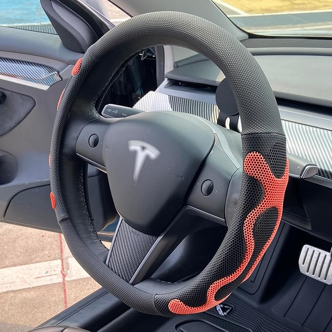 PINCTROT Comfy Grip Steering Wheel Cover for Tesla Model Y/3 2016-2025 2026 Standard/Highland/Juniper, D Shaped 14 Inch Small Sized, Flat Bottom with 3D Honeycomb Anti-Slip Design (Comfy Grip Orange)