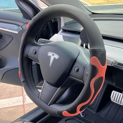 PINCTROT Comfy Grip Steering Wheel Cover for Tesla Model Y/3 2016-2025 2026 Standard/Highland/Juniper, D Shaped 14 Inch Small Sized, Flat Bottom with 3D Honeycomb Anti-Slip Design (Comfy Grip Orange)