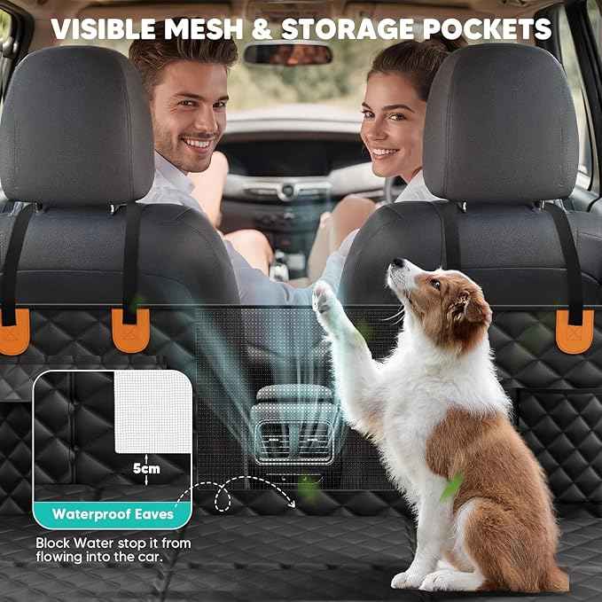 Ultra Thick Hard Bottom Dog Car Seat Cover for Back Seat, Waterproof Dog Hammock for Car with Mesh Window & Pocket, Pet Rear Seat Cover Protector Holds 400lbs for Car SUV