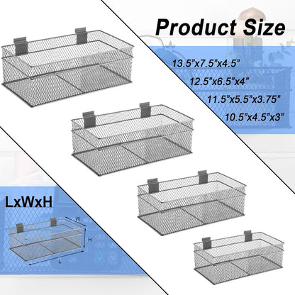 Barydat 4 Pcs Slatwall Basket Set Ventilated Metal Slatwall Basket Hanging Wire Bins Wall Mounted Accessories for Panel Garage Storage Display Organizing(Multi Size,Gray)