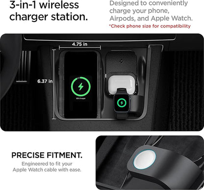Spigen 3-in-1 Organizer Mount for Tesla Model Y 2021-24 & Model 3 2021-23 (Watch Charger Not Included) - Uses Tesla Wireless Charging Pad - Charge iPhone, AirPods, Apple Watch