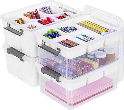 Citylife 17 QT Plastic Storage Box with Removable Tray and 6 Detachable Tall Inserts Craft Organizers and Storage Clear Storage Container for Organizing Crayon, Craft, Sewing, Playdoh, 4 Packs