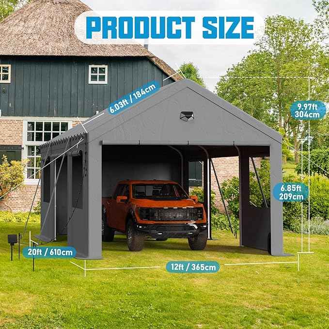 Carports Canopy Heavy Duty, Portable Garage with Sidewalls (12x20, Side Doors)