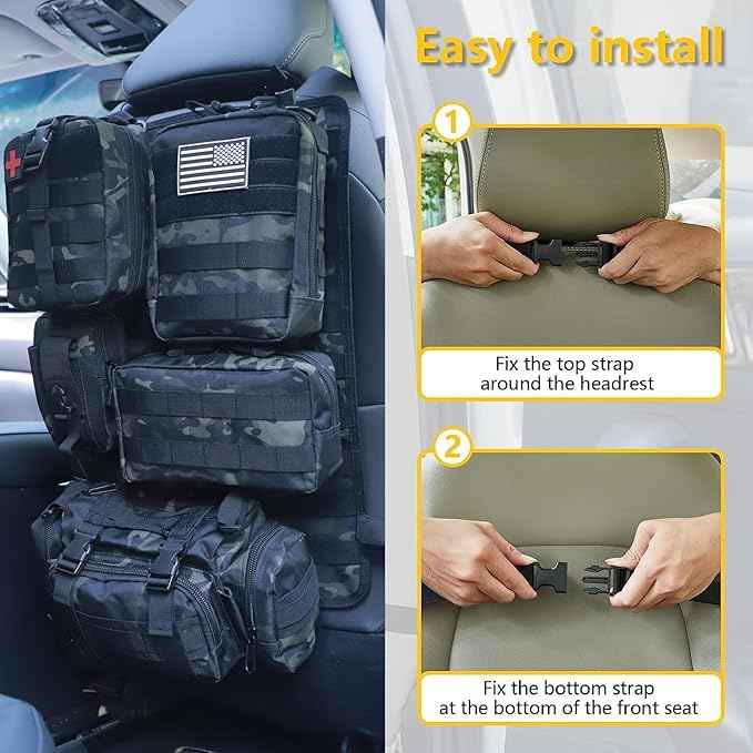 Universal Tactical Car Seat Back Organizer Bag Tactical Molle Vehicle Organizers Panel Vehicle Protector Organizers with 5 Detachable Pouches for Car (Black camo)