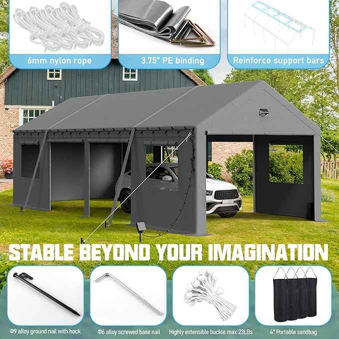 Carports Canopy Heavy Duty, Portable Garage with Sidewalls (13x25, Side Doors)