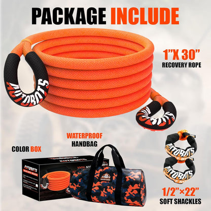 AUTOBOTS Kinetic Recovery Rope 1" x 30'(48,600lbs)+2 Soft Shackles，Heavy Duty Tow Rope Tow Strap for Truck ATV UTV SUV Car，Offroad Recovery Kit