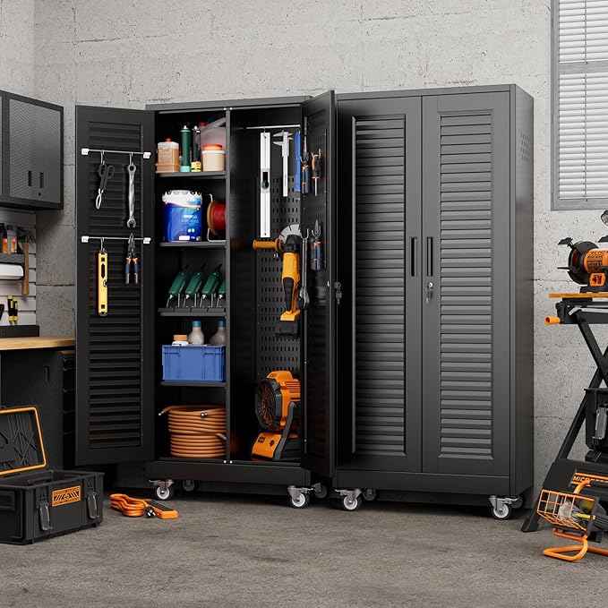 Aobabo Lockable Metal Storage Cabinet with 4 Adjuatable Shelves,Garage Storage Cabinet with Wheels and 5 Remove Pegboard,Required Assembly,Black,70.87''H*31.5''W*15.75''D