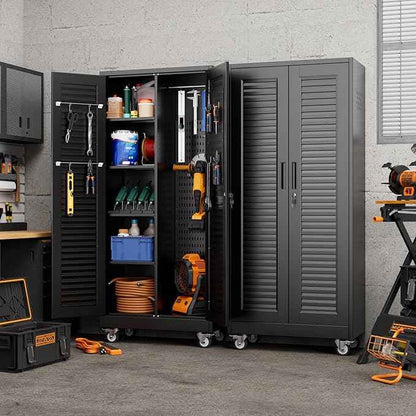 Aobabo Lockable Metal Storage Cabinet with 4 Adjuatable Shelves,Garage Storage Cabinet with Wheels and 5 Remove Pegboard,Required Assembly,Black,70.87''H*31.5''W*15.75''D