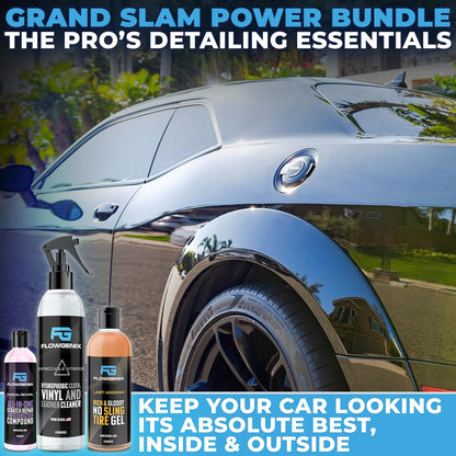 Grand Slam 3-Pack - Includes Tire Shine Gel (8oz), Car Scratch Remover (4oz), Water-Repellent Vinyl and Car Leather Protector (8oz), 2 Microfiber Towels