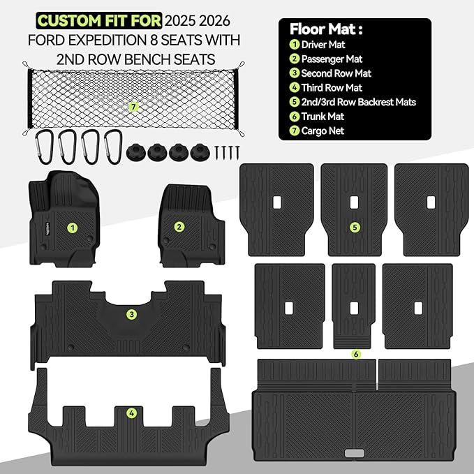 Tongama-Floor Mats for 2025 2026 Ford Expedition 8 Seats with 2nd Row Bench Seats, All Weather TPE Trunk Mat and 2nd & 3rd Backrest Mats Protectors and Cargo Net for Ford Expedition Accessories