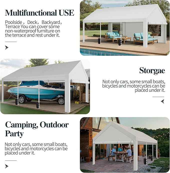 Shintenchi Portable Garage Canopy,12x20 FT Heavy-Duty Design Carport,Carport Canopy with Side-Opening Removable Door & Roll-Up Window,Portable Car Port for Car, Truck, Boat,White