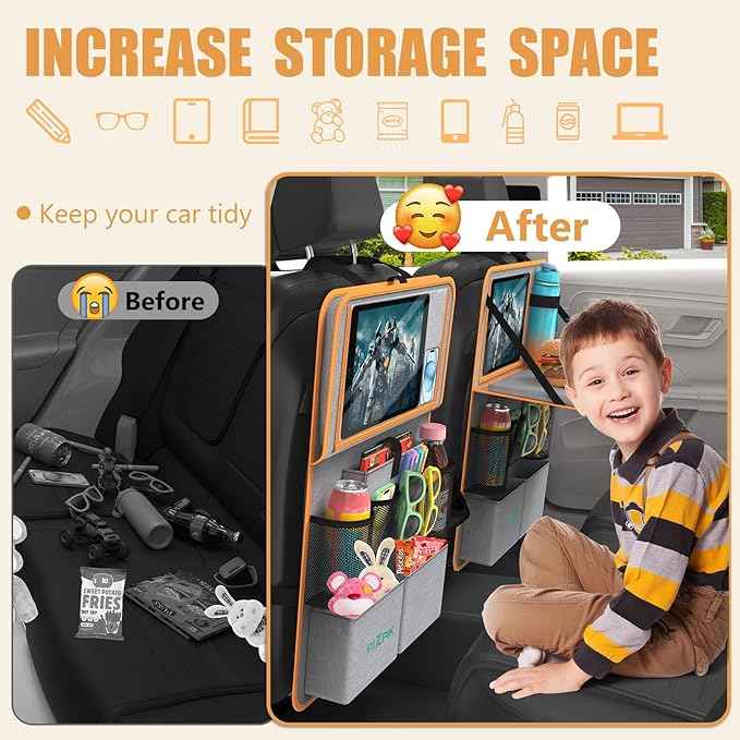 Car Backseat Organizer with Tablet Holder,11 Storage Pockets with Foldable Food Tray, Protector Kick Mats for Kids, Travel Accessories Organizer (Orange, 1Pack with Food Tray)