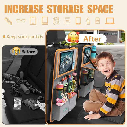 Car Backseat Organizer with Tablet Holder,11 Storage Pockets with Foldable Food Tray, Protector Kick Mats for Kids, Travel Accessories Organizer (Orange, 1Pack with Food Tray)