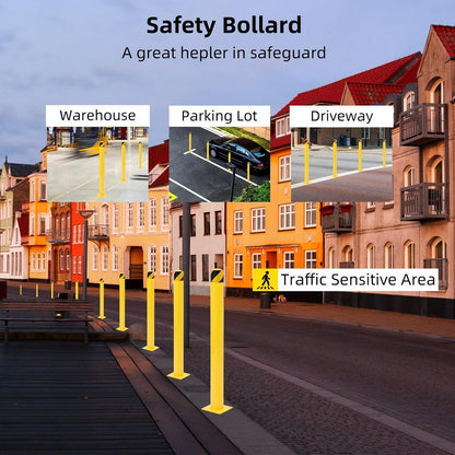 Safety Bollard 4 Packs, 42 Inch Height Steel Post, 4.5 Inch Diameter Parking Bollard, Yellow Safety Bollard Post with 16 Anchor Bolts, Ideal for Ideal for Parking Warehouse Park Traffic Area