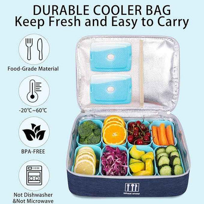 Snack Box Container with Insulated Cooler Bag, Divided Serving Tray with Lid and Handle Beach Essentials, Snackle Box Veggie Fruit Tray with 8 Compartments & 8 Forks & 2 Spoon Blue
