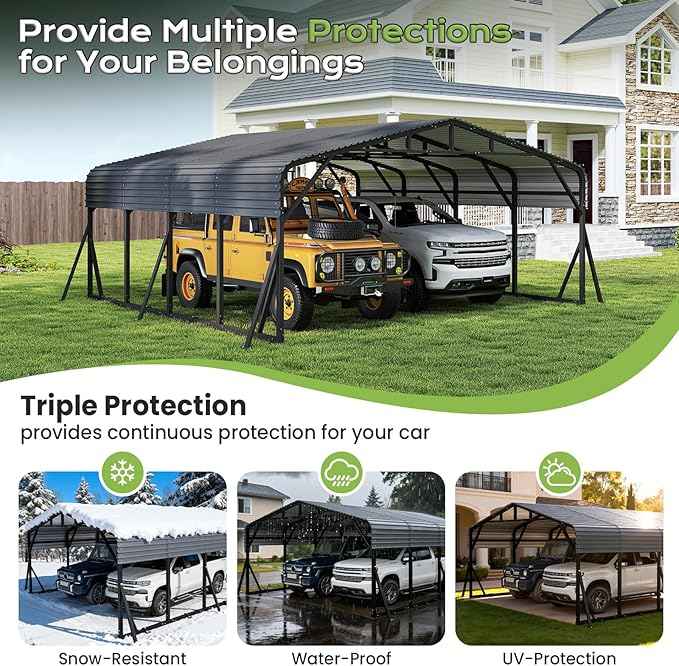 20x20FT Heavy Duty Metal Carport, Outdoor Portable Car Garage w/Reinforced Support Rods & Windproof Ground Anchors, All-Season Versatile Outdoor Shelter for 2 Car, Boats, Truck