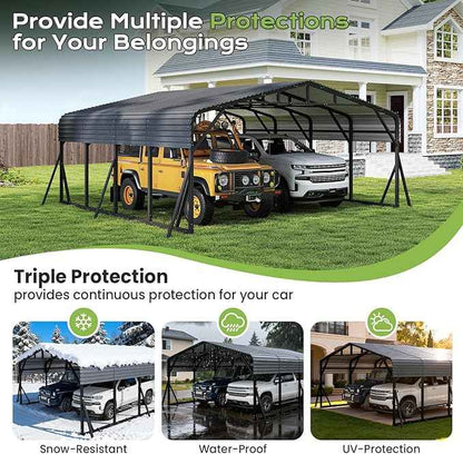 20x20FT Heavy Duty Metal Carport, Outdoor Portable Car Garage w/Reinforced Support Rods & Windproof Ground Anchors, All-Season Versatile Outdoor Shelter for 2 Car, Boats, Truck