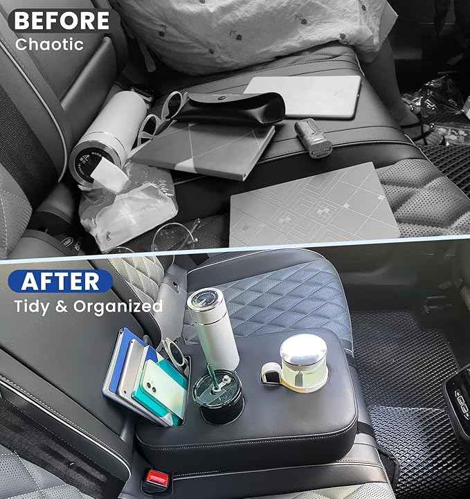 Upgraded Car Cup Holder with Dual Secure Straps, Back Seat Cup Holder for Car, PU Leather Truck Cup Holder, Boat Tray Organizer for Trucks, Minivans, SUVs, RVs, Holds Coffee, Snacks, Cell Phone