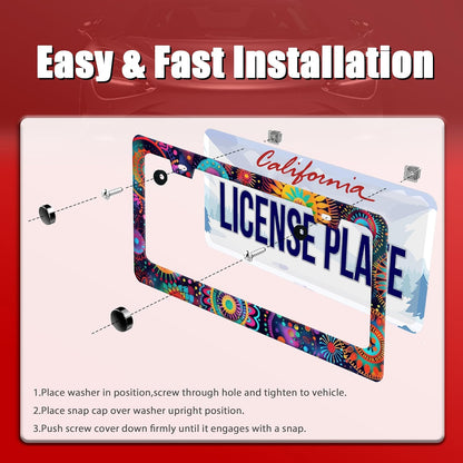 Fantasy Colorful Mandala License Plate Frame Boho Flowers License Plate Holder Funny Personalise Car Stainless Stee Decorative Parts for Standard Us Canada Vehicles 12x6 Inch for Women Men