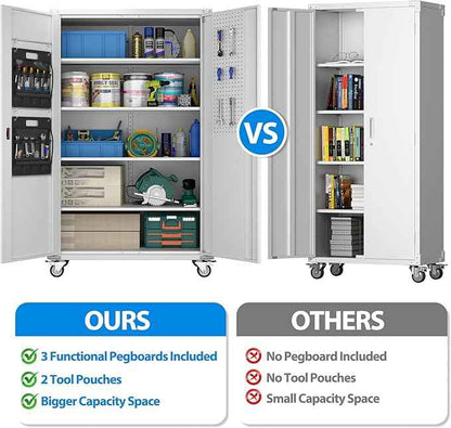 Aobabo Upgraded Wide & Deep Garage Storage Cabinet with Wheels, Metal Storage Cabinet with Door Pegboards and 2 Rod for Garage Home Storage (White, 43.3''W x 21.9''D x 72''H),Required Assembly