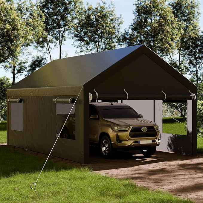 Shintenchi 12x20 FT Heavy-Duty Design Carport,Portable Garage Canopy,Carport Canopy with Side-Opening Removable Door & Roll-Up Window,Portable Car Port for Car, Truck, Boat,Grey