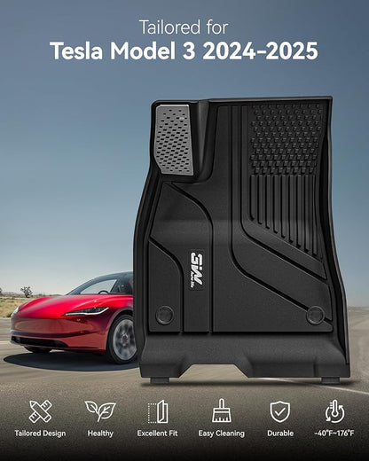 3W Tesla Model 3 Floor Mats 2026 2025 2024 with Mental Pedal, Full Set with Cargo Liner, Highland All Weather Custom Fit Rear Trunk Mat Accessories Black