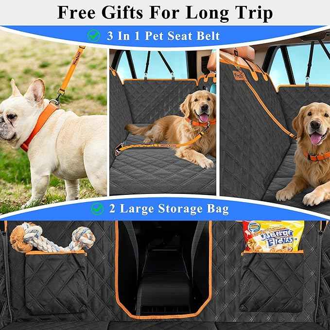 Hard Bottom Back Seat Extender for Dogs, Waterproof Dog Car Seat Cover, 420lb Support, 600D Heavy Duty Car Seat Protector Dog Hammock for Sedan, SUV, Small Truck(Black & Orange)