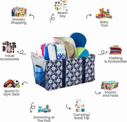 Extra Large Utility Tote Bag - Oversized Collapsible Reusable Wire Frame Rectangular Canvas Basket With Two Exterior Pockets For Beach, Pool, Laundry, Car Trunk, Storage - Navy Sunflower
