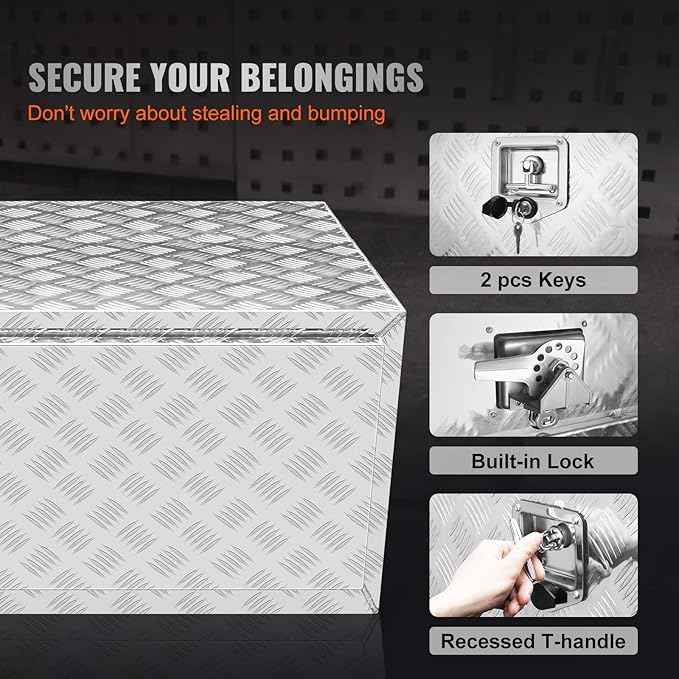 VEVOR Underbody Truck Box, 60"×24"×24" Pickup Storage Box, Heavy Duty Aluminum Diamond Plate Tool Box with Lock and Keys, Waterproof Trailer Storage Box with T-Handle Latch for Truck, Van, Trailer