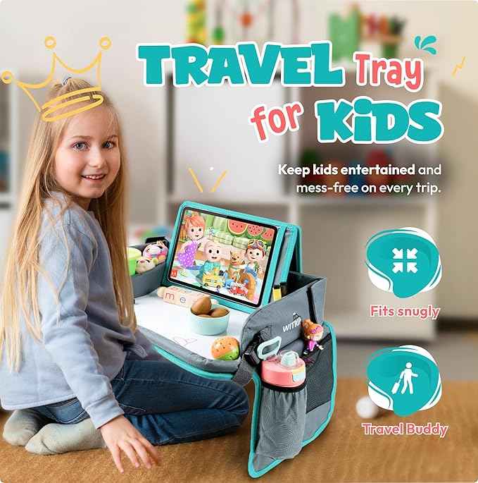 Kids Travel Tray with Dry Erase Board WITRIP- Car Seat Tray for Kids Travel, Carseat Table Top for Toddler, Lap Desk for Car Seat, Activity Organizer & Snack Holder,Road Trip Essentials for Kid (Aqua)