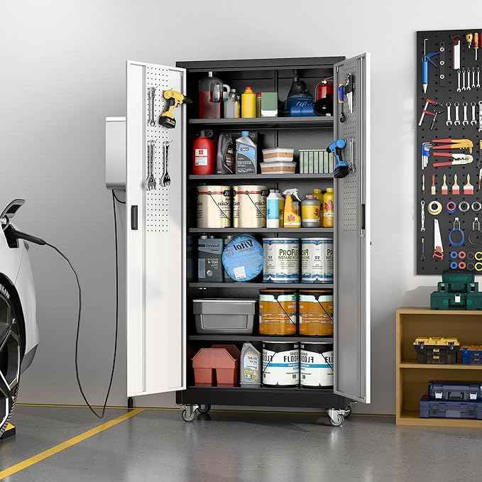 Aobabo Garage Storage Cabinet with Wheels, Metal Storage Cabinet with 5 Adjustable Shelves for Garage Home, Black&Silver,71" H*34''W*18''D,Required-Assembly,