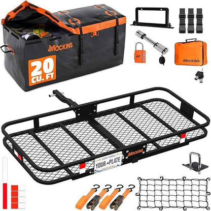 Mockins 60"x20"x6" Folding Luggage Rack for Car Hitch & 20 Cu Ft Waterproof Cargo Bag | 500 lbs Cap Steel Trailer Hitch Cargo Carrier for 2" Receivers w/License Plate Holder, Stabilizer, Net & Straps