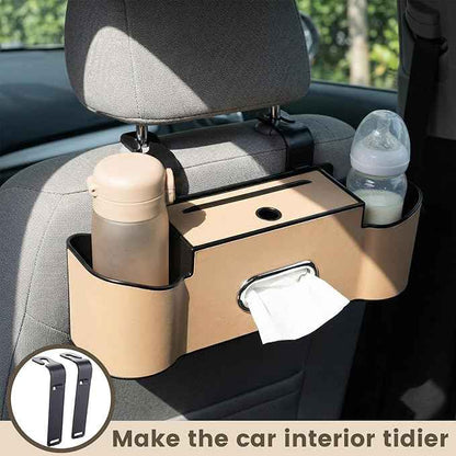 LemonRoad 2 Pack Multifunctional Car Seat Back Storage Box Car Seat Back Organizer with Tissue Box, 2 Cup Holders and Hooks for Hold Phone, Drinks, Handbag, Fits for Most Vehicles (Beige)
