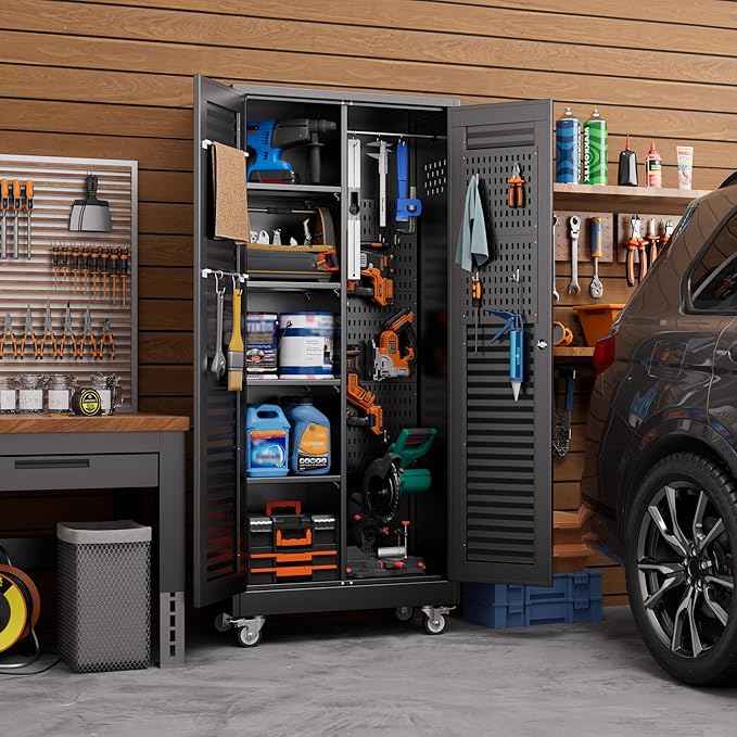 Aobabo Lockable Metal Storage Cabinet with 4 Adjuatable Shelves,Garage Storage Cabinet with Wheels and 5 Remove Pegboard,Required Assembly,Black,70.87''H*31.5''W*15.75''D