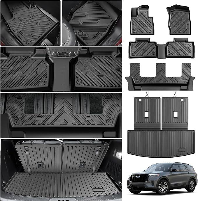 Cartist Floor Mats and Cargo Liner Fit for Ford Explorer 7 Seats 2020-2026 All Weather TPE Floor Mat Explorer Accessories Heavy Duty Carpet Protection (Trunk Mat with Backrest Mat+Floor Mats)