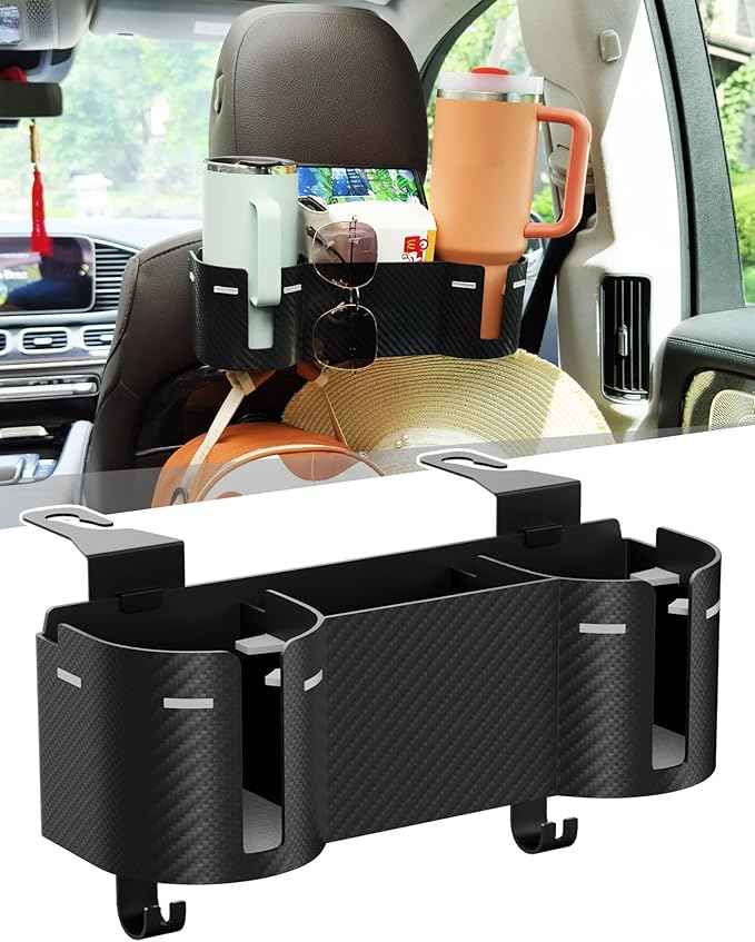 Car Headrest Backseat Cup Holder 3.7" with Organizer, High Capacity 4 in 1 Seat Back Organizer with Headrest Hooks, Multifunctional Storage for Car Travel Accessories Compatible with Most Vehicles