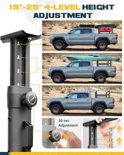 Ladder Rack for Truck with Tonneau Cover w/T-Slot Rails, 800 LBS Capacity Truck Bed Rack with Side Bars, 19"-25" Height-Adjustable Aluminum Ladder Racks, Fit for Mid Size Pickup Tacoma Gladiator
