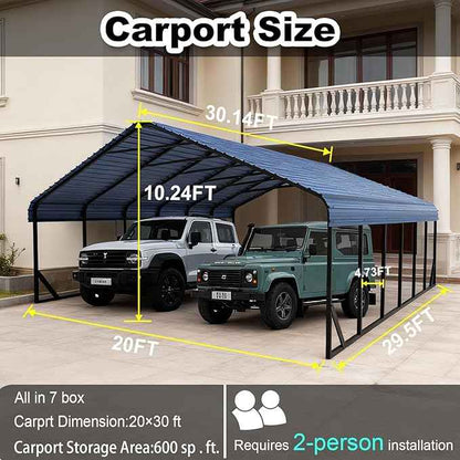 20x30 FT Heavy Duty Metal Carport with Galvanized Steel Roof & Frame - All-Weather Portable Garage Shelter for 3 Cars, Safe Boat Cover & Yard Protection