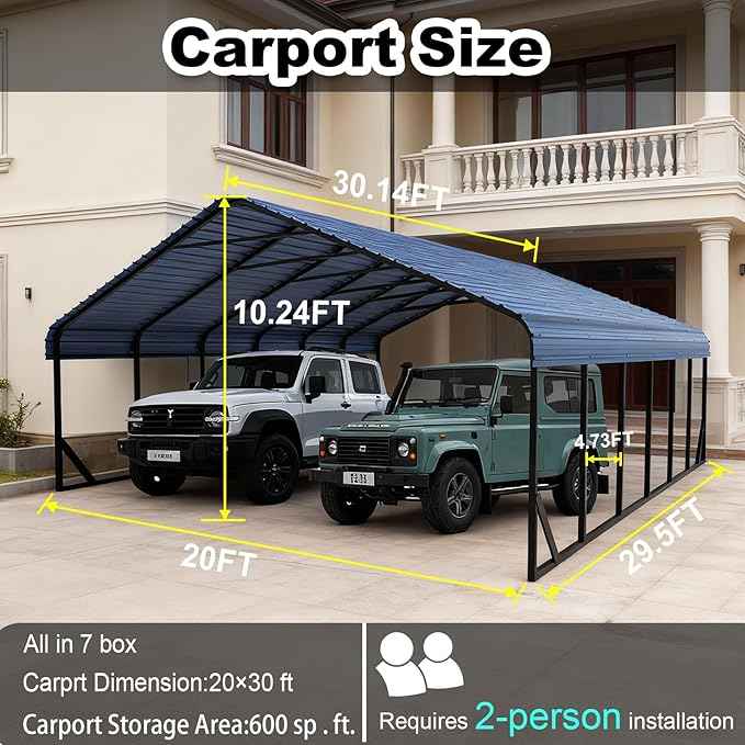 20x30 ft Metal Carport for Outdoor Garages Steel Heavy Duty Portable Garage with Large Tall Carports Canopy for Snow, Car Ports with Galvanized Steel Roof & Frame - Grey