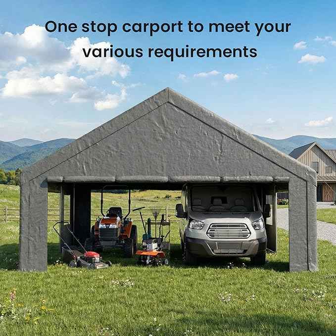 COSIEST 20'×20' Storage Shelter Outdoor Gable Roof Carport with Removable Side Walls, Heavy-Duty Garage Canopy Weatherproof PE Cover, Multi-Purpose Vehicle/Tractor Shed for Backyard/Driveway（Gray）