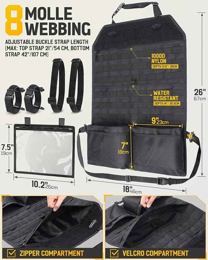 WYNEX Car Seat Organizer, Molle Backseat Cover Organizer Protector with Sling Rack, Visual Pocket and Patch, Universal Vehicle Fits for F150, Jeeps, Pickups & Trucks for Road Trips