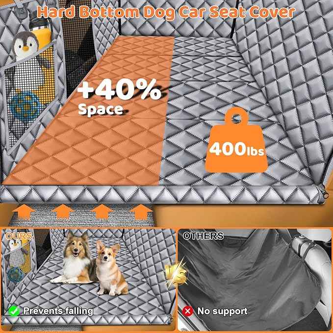 URPOWER Backseat Extender for Dogs - Hard Bottom Dog Car Seat Cover for Back Seat, Dog Hammock for Car and SUV, Pet Rear Seat Protector Dogs Travel Bed with Mesh Window & Side Flaps