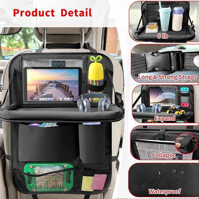 Car Backseat Organizer with Tablet Holder, 6 Storage Pockets Seat Back Protector with Foldable Tray, Kick Mats Back Seat Cover for Kids Toddlers, Travel Accessories, 1 Pc